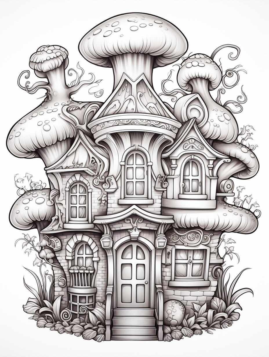 Magical mushroom storefront coloring book illustration