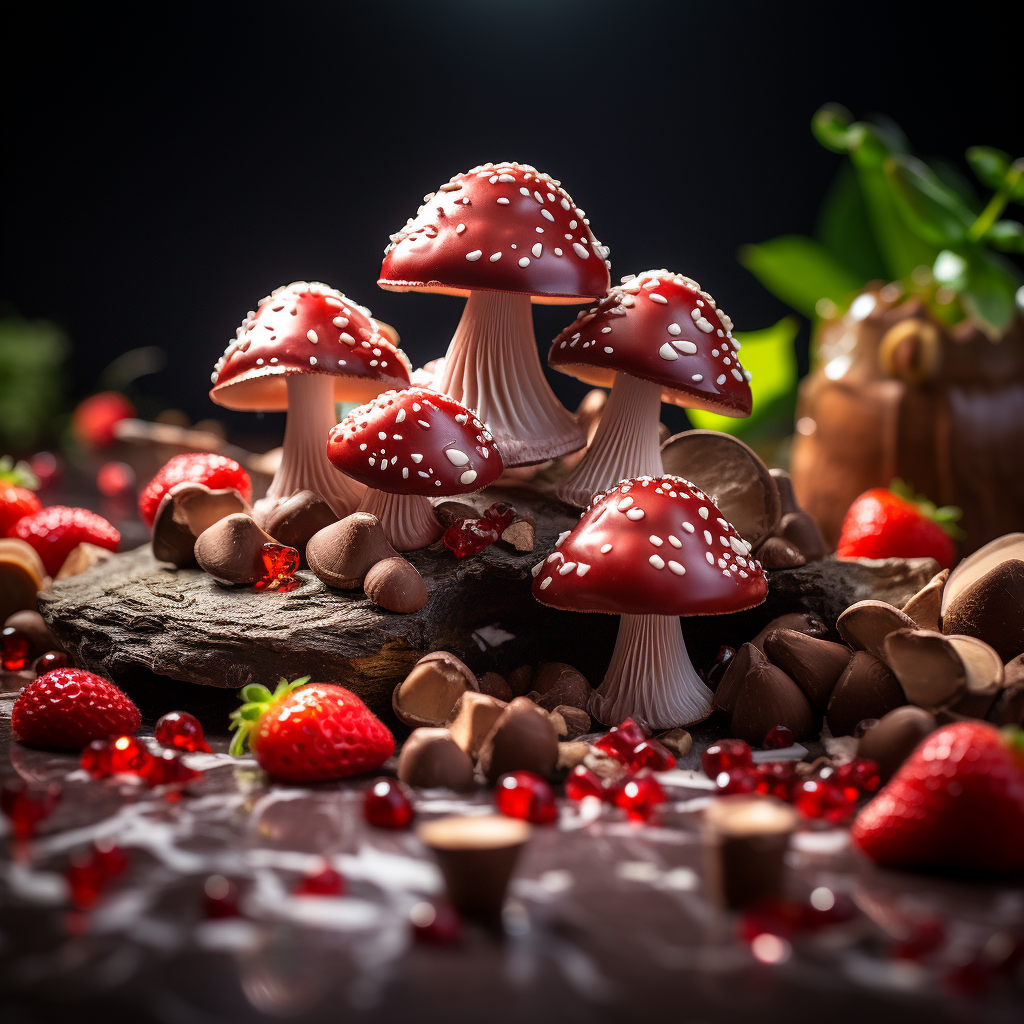 Delectable magic mushroom chocolates in colorful packaging