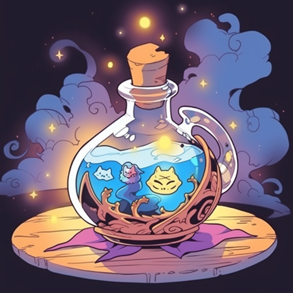 Illustration of a magical potion with a cat symbol