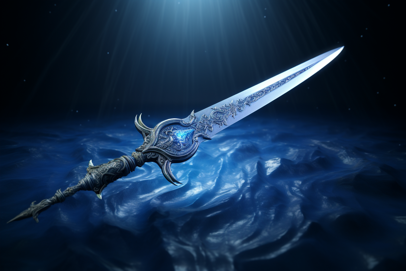 3D magic sword Excalibur in dark blue landscape