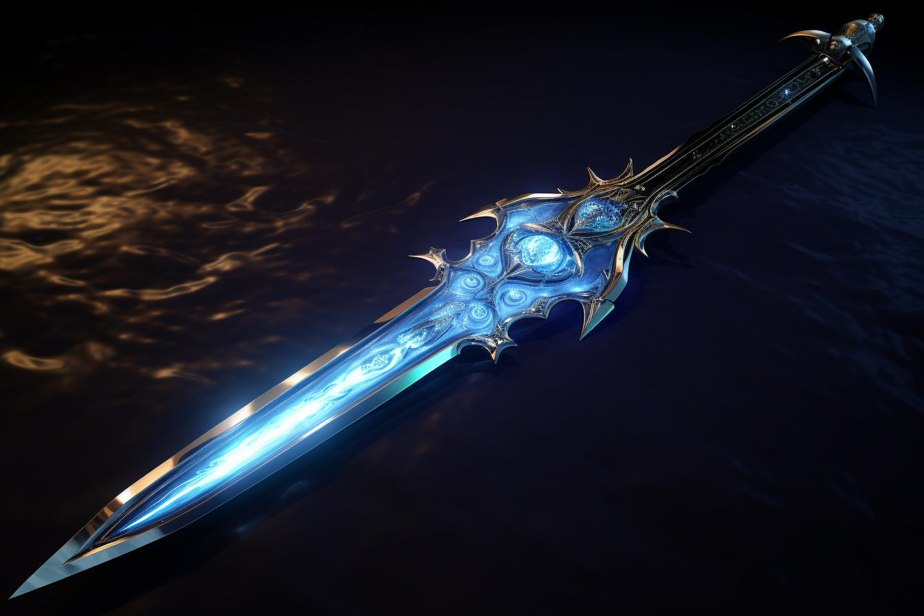 3D magic sword Excalibur in dark blue landscape