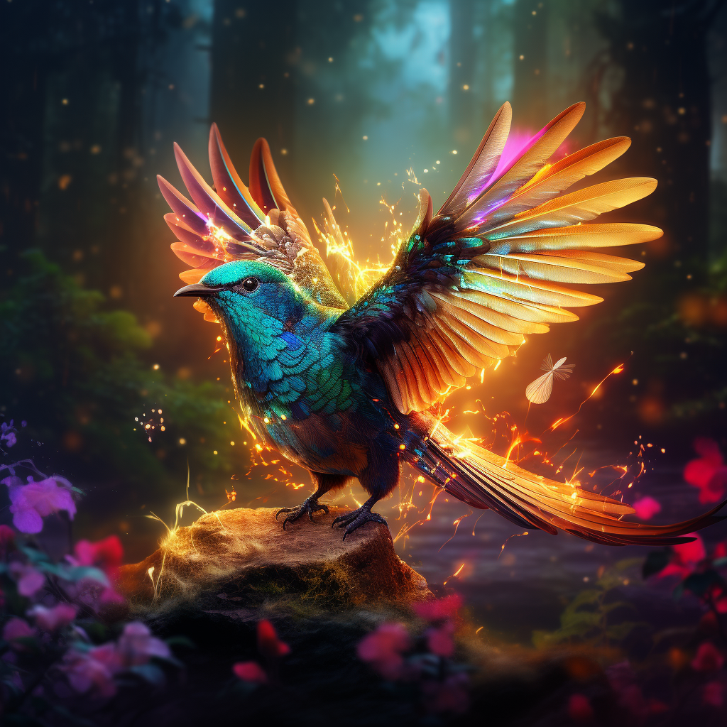 Fantasy bird with glowing rainbow wings flying