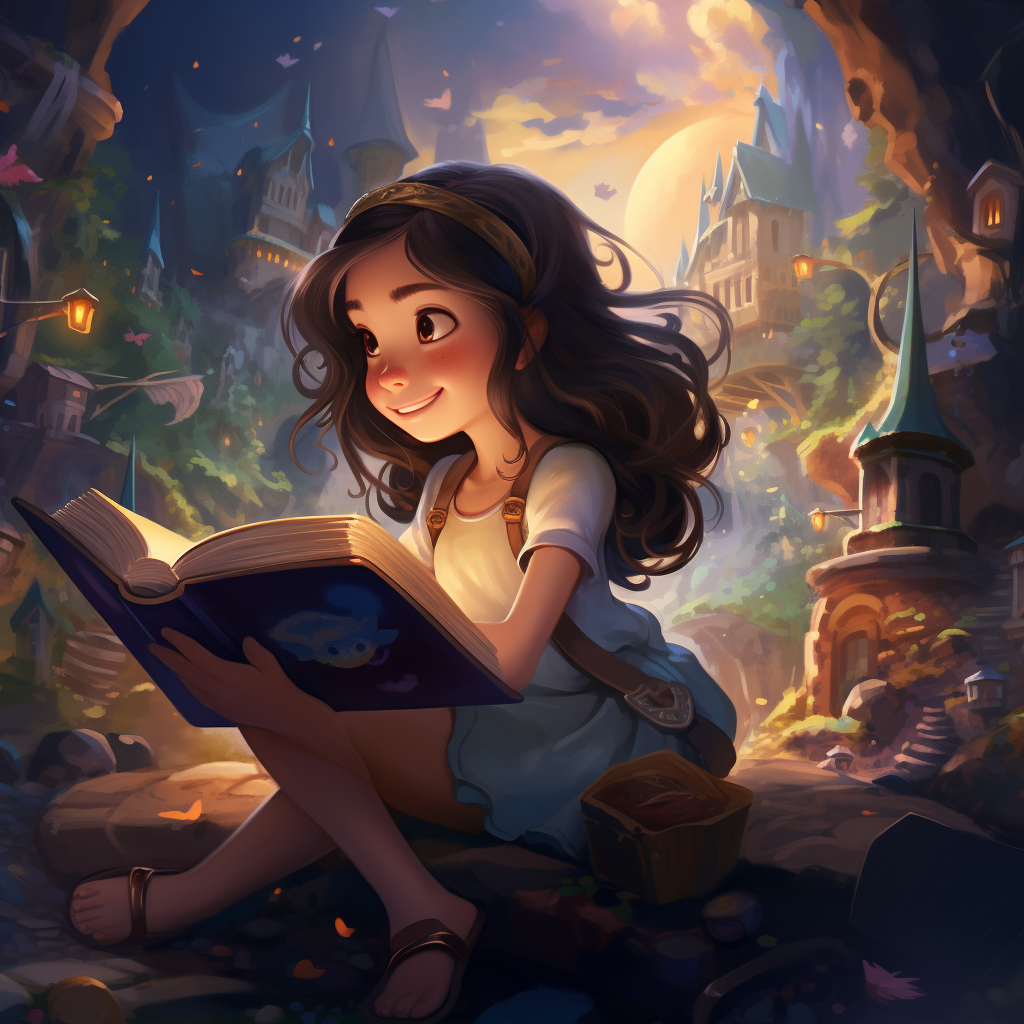 Cartoon girl with magical book for adventures