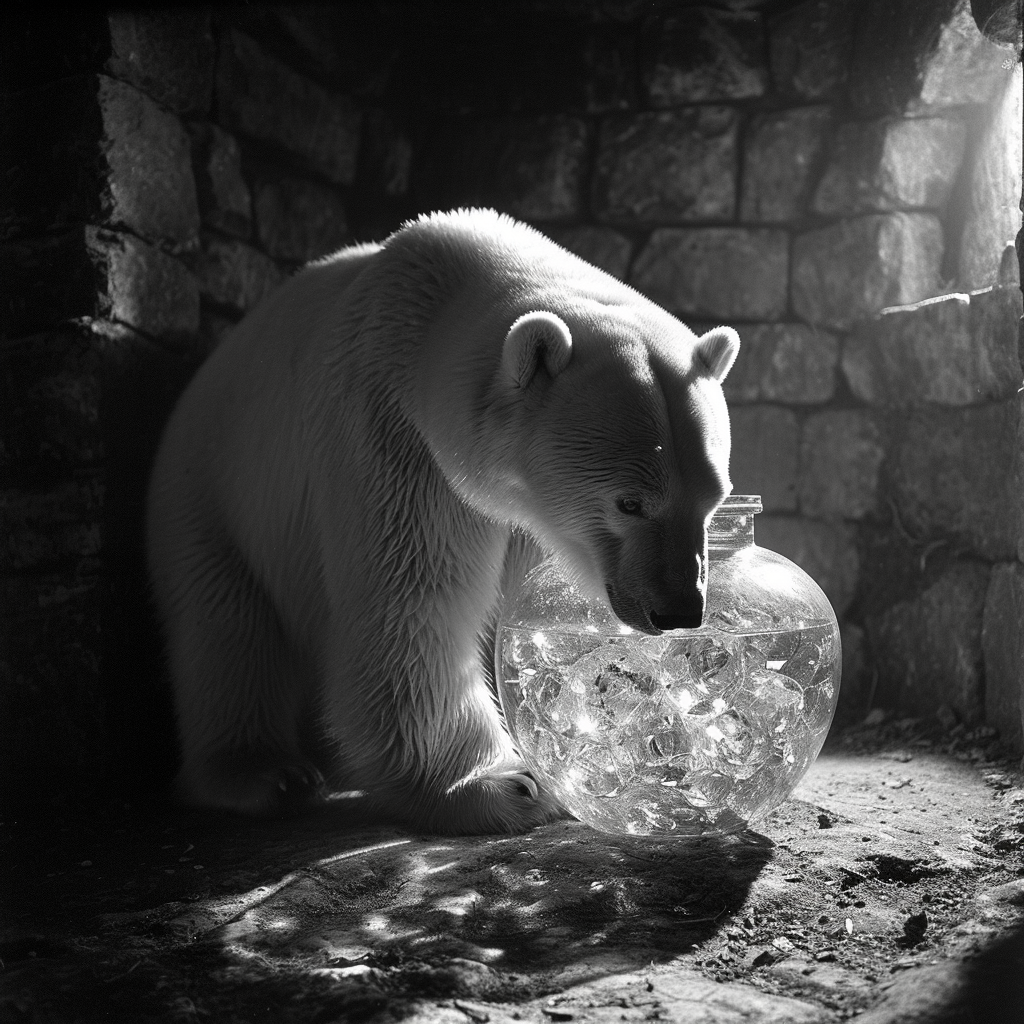 Polar Bear Guarding Amphora with Crystals and Stones