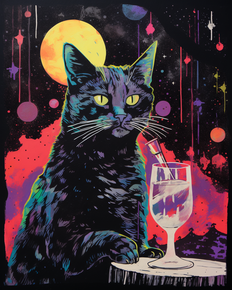 Imaginative risograph of a cat holding a glass of wine