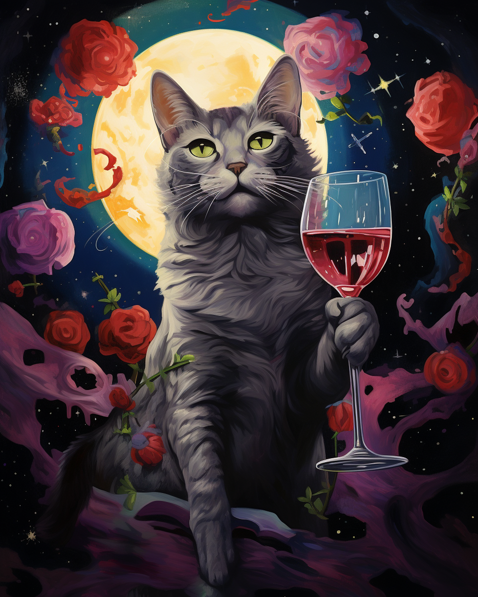 Magical cat holding wine glass on disintegrating platform