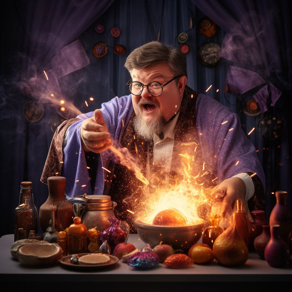 Cooking wizard preparing magical dishes