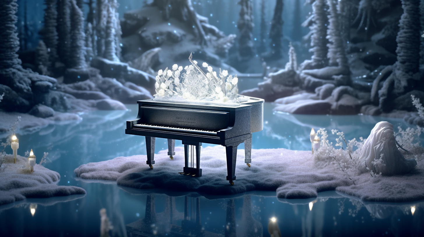 Crystal piano on serene backdrop