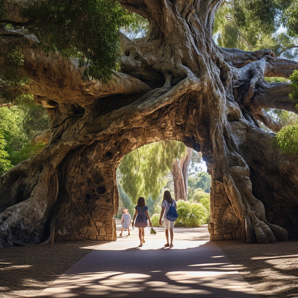 Happy mother and daughter by magical tree door