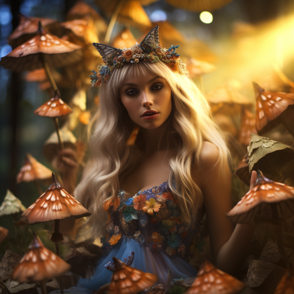 Beautiful fairy surrounded by mushrooms and wildflowers