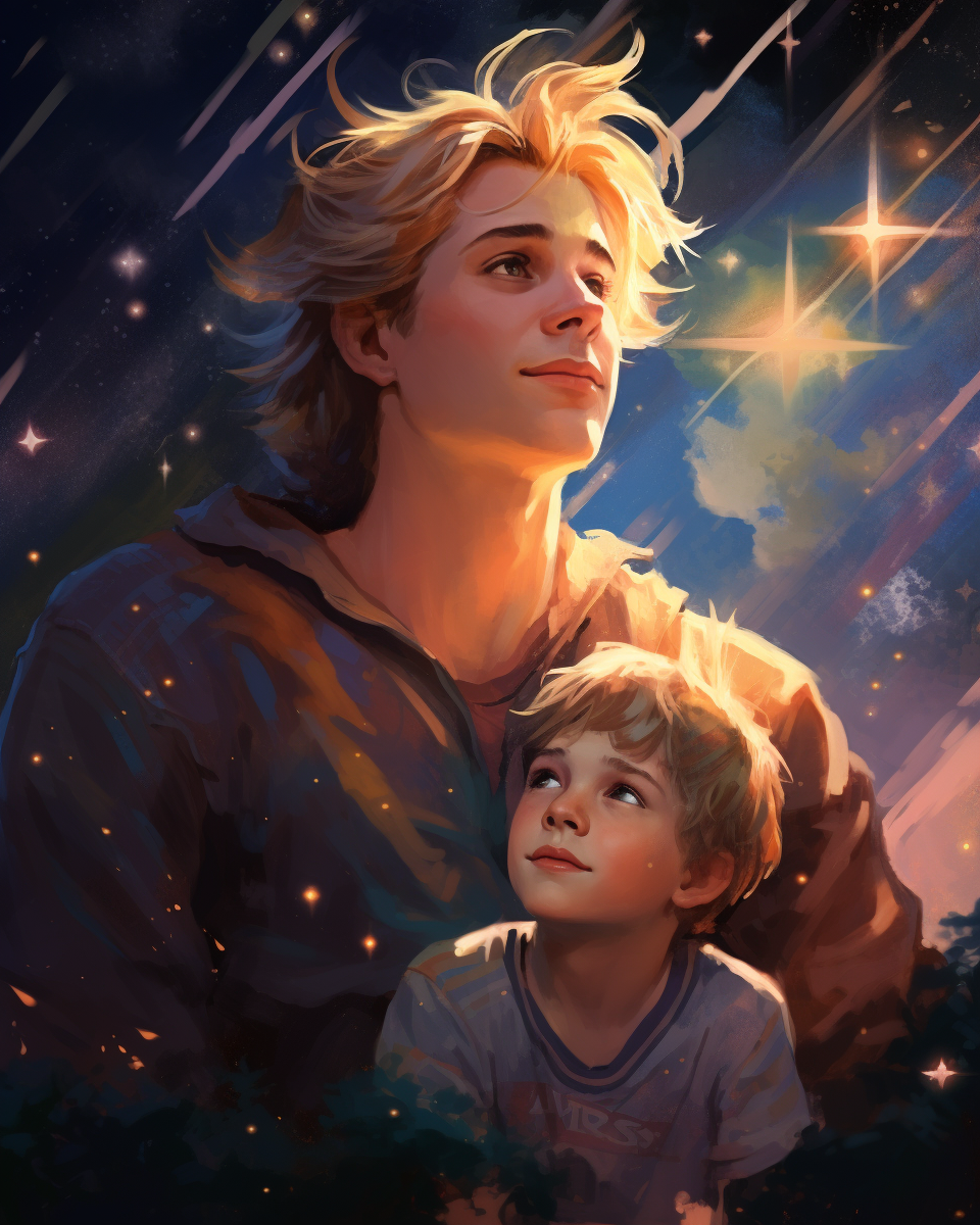 Young blond boy and giant mommy stargazing together