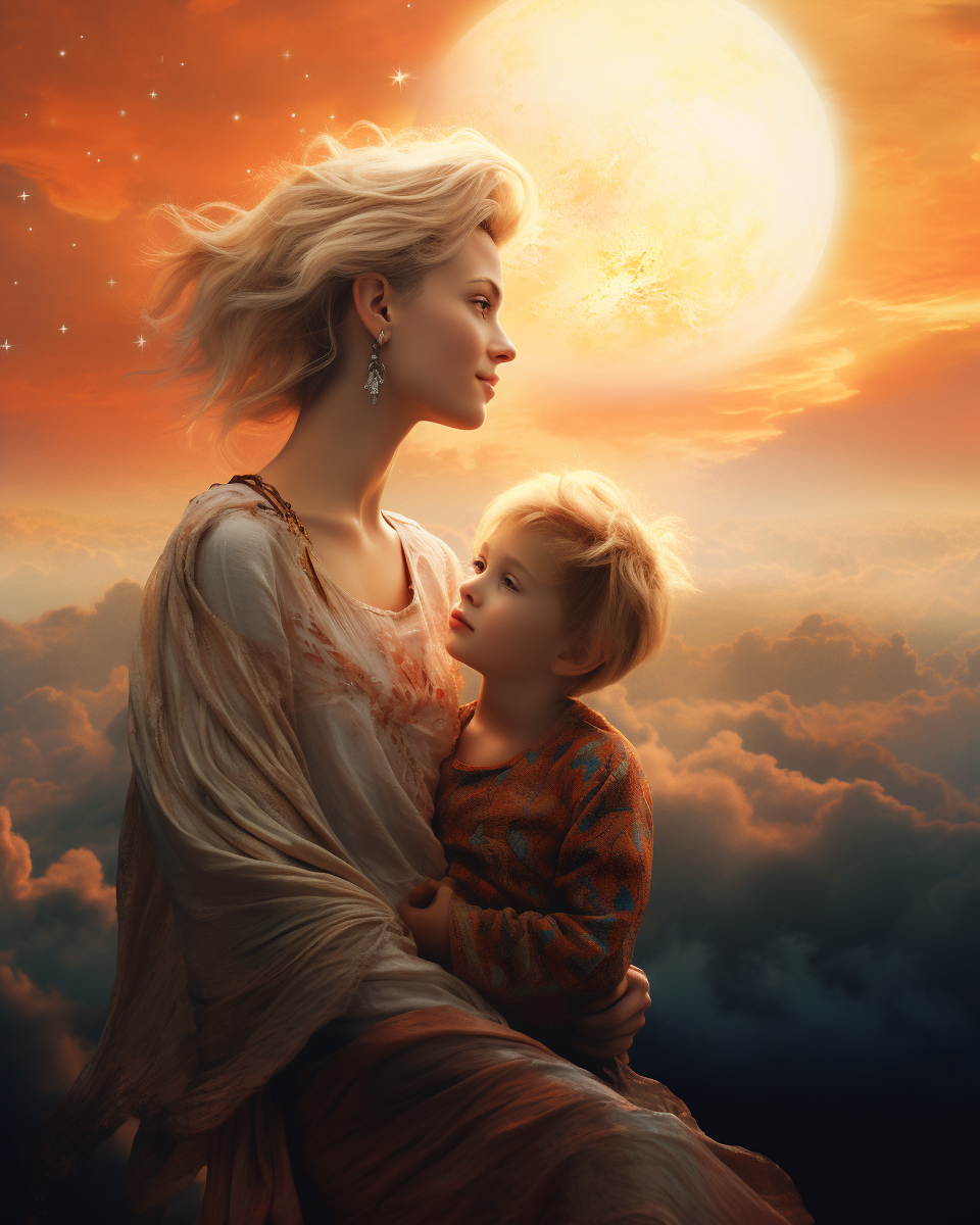 Young blond boy and giant mommy looking up at the moon