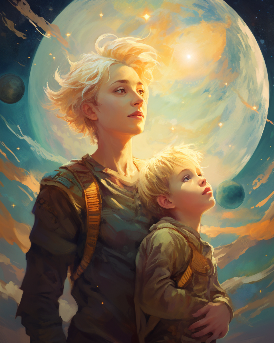 Young blond boy and super giant mommy gazing at the moon and planets