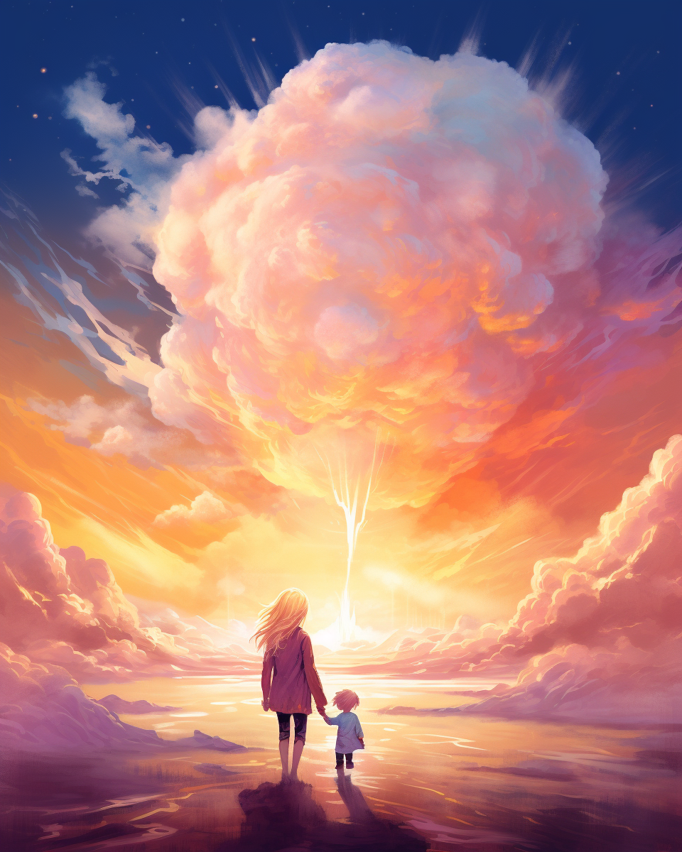 Young blond boy and his giant mommy in the clouds