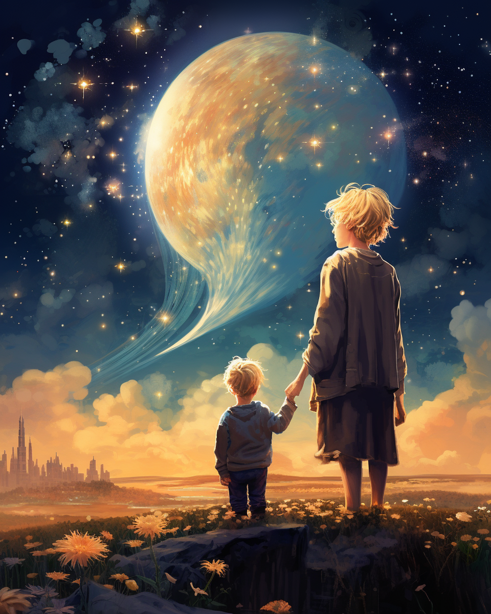 Young boy and his mommy looking at the moon and planets  ??