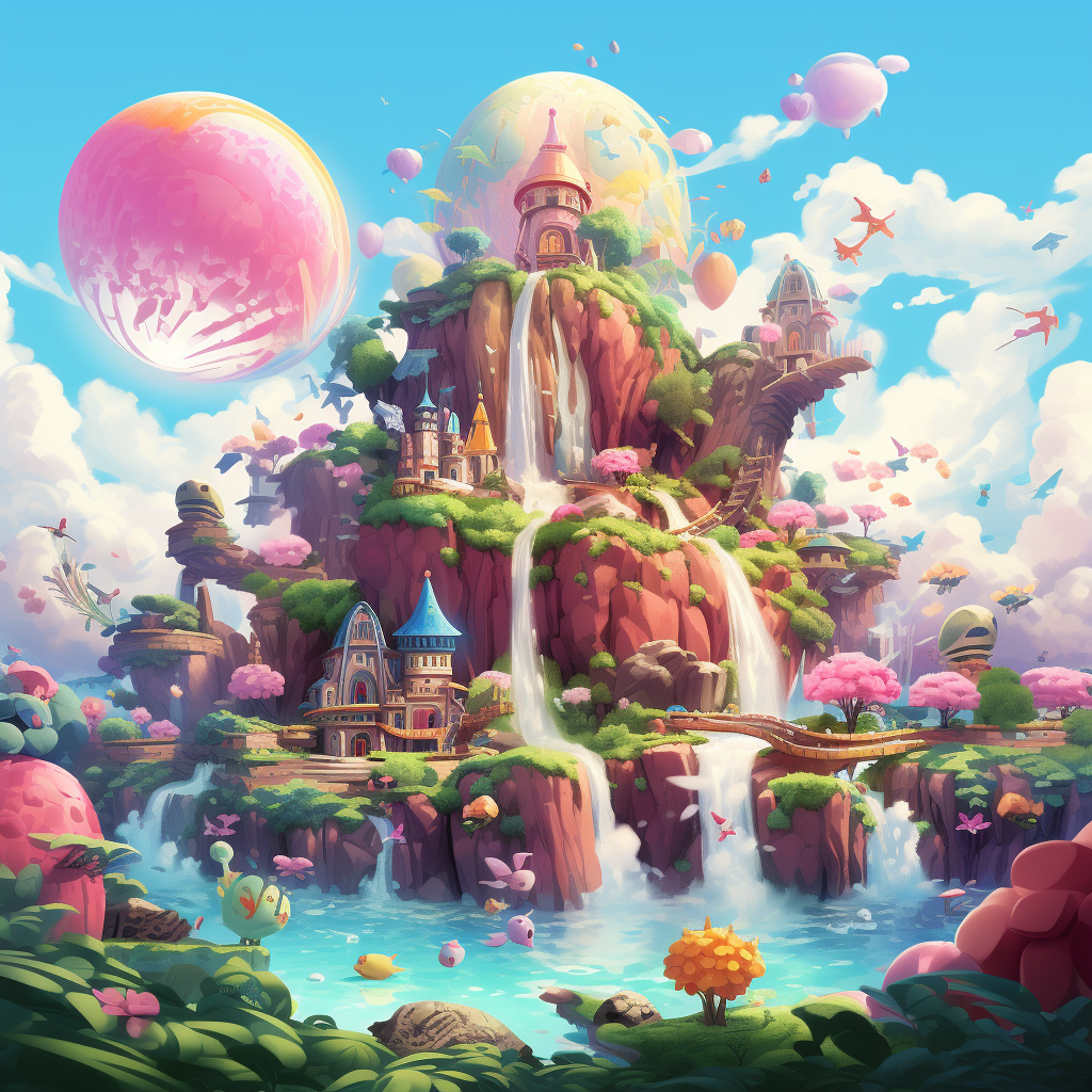 Beautiful floating islands with magical creatures