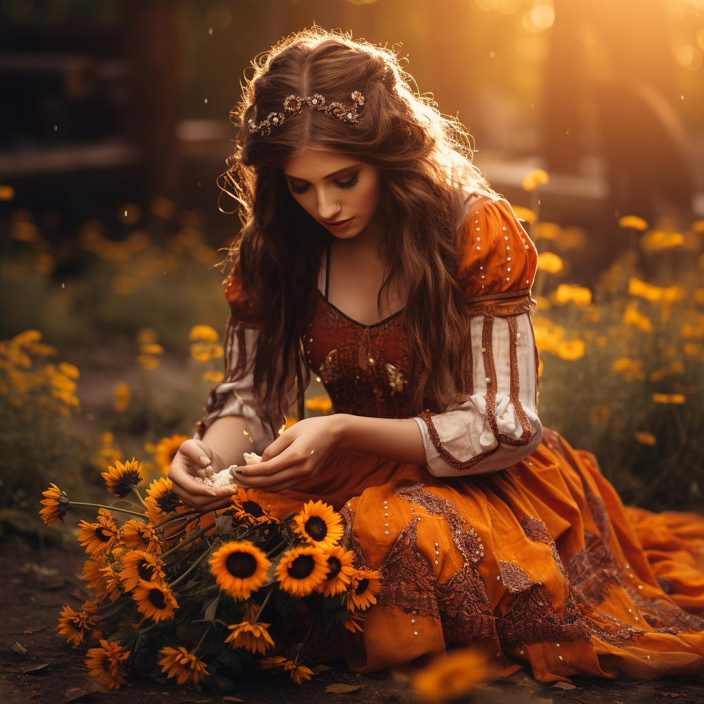 Woman casting magic with sunflowers