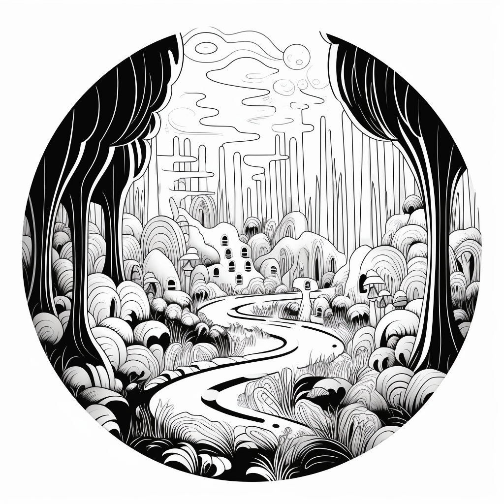 Black and white illustration of magical forest with caves