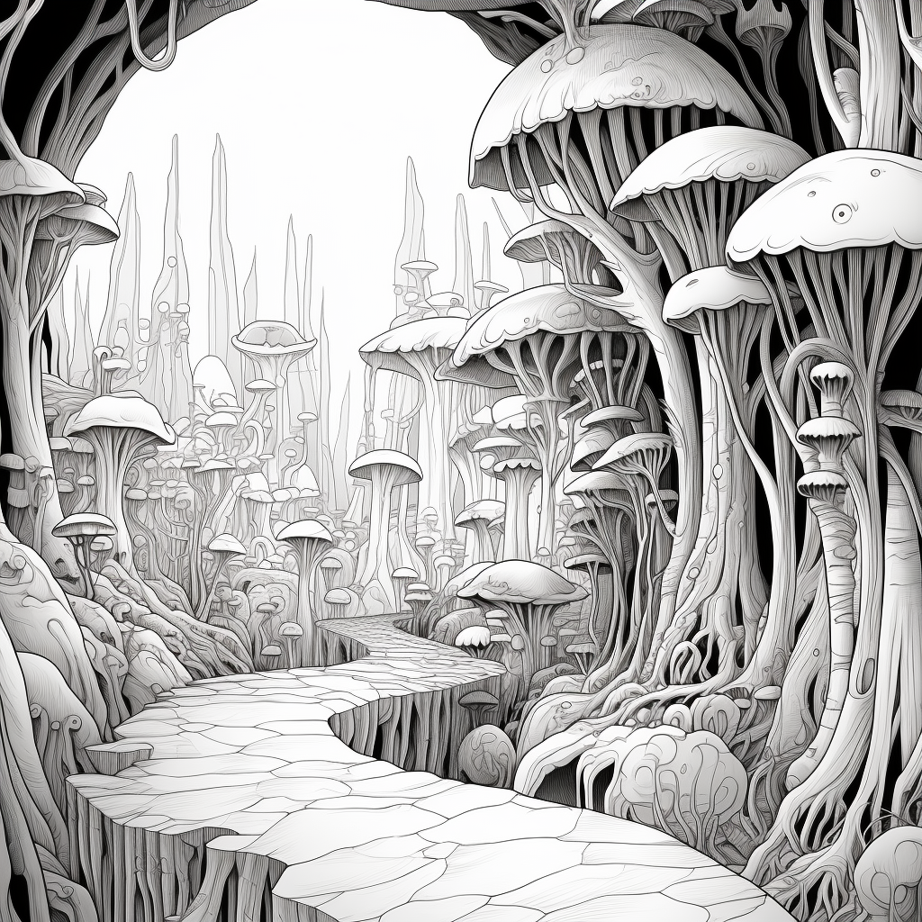 Black and white magical forest with caves