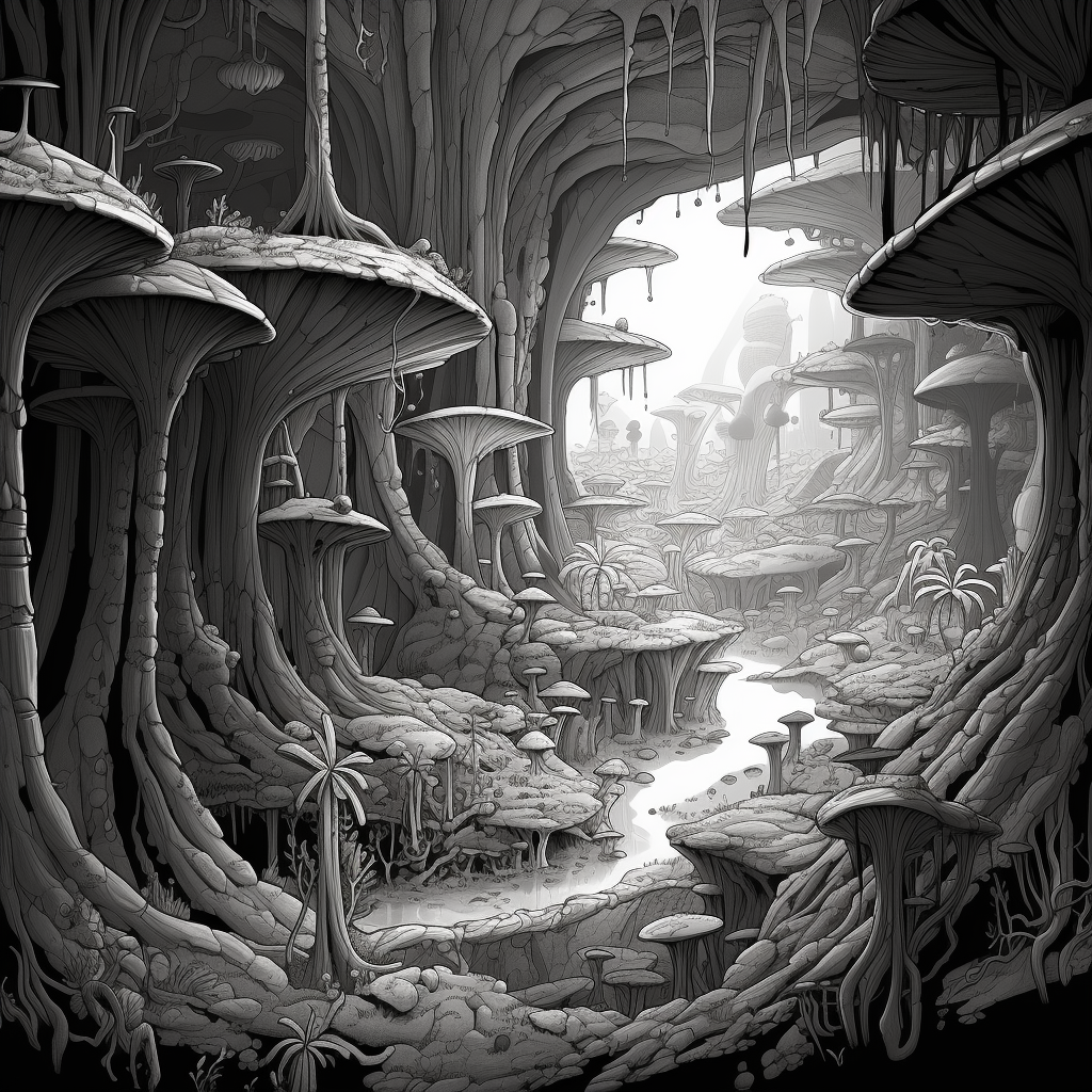 Dr. Seuss-style magical forest caves