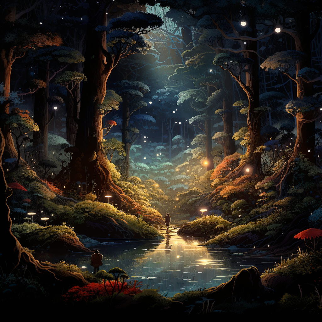 Stunning Nighttime Forest Illustration in Ghibli Style