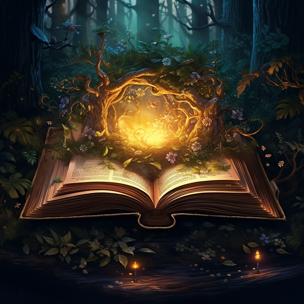 Illustration of an open forest-themed tome with spell diagram