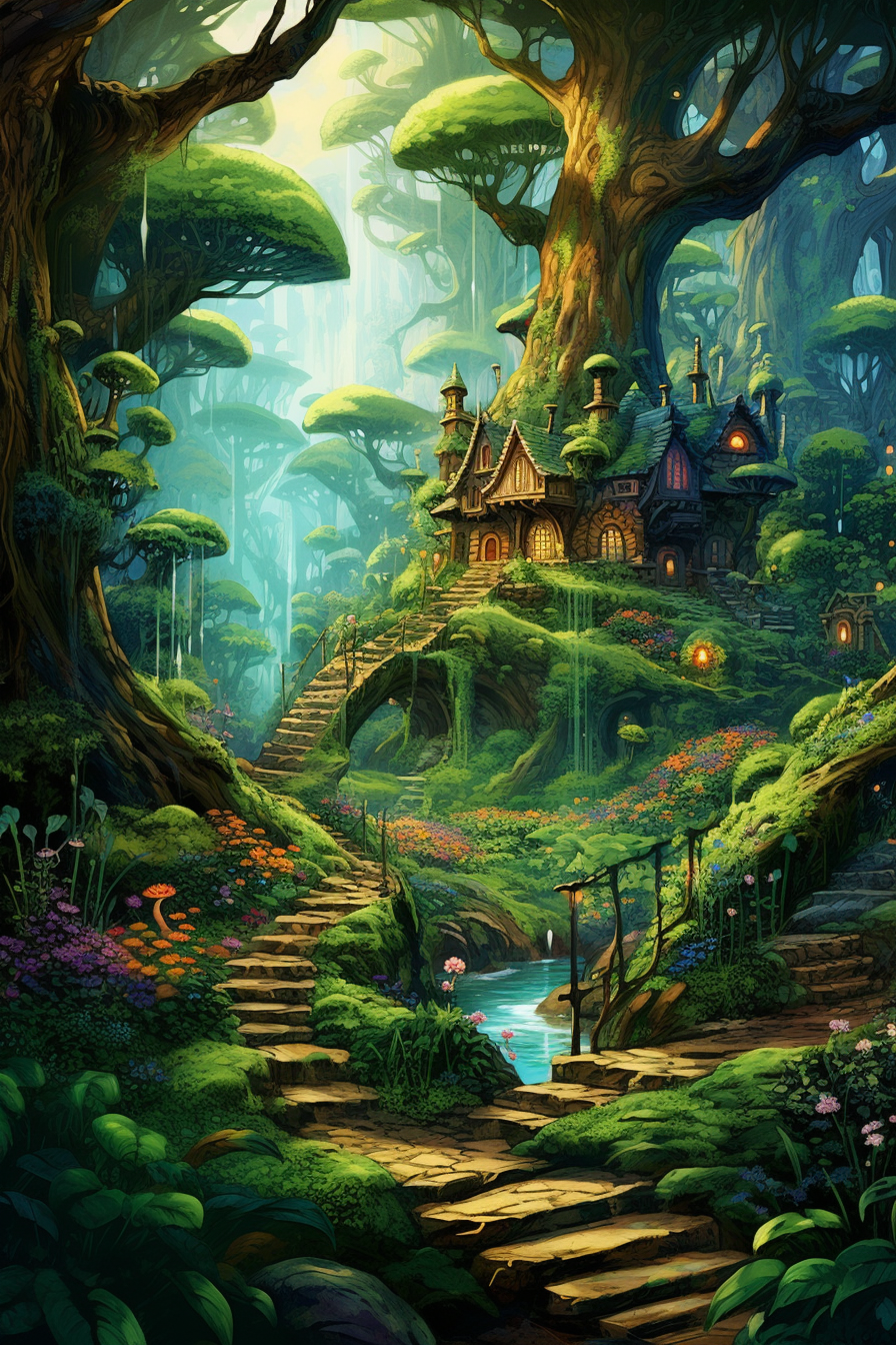 Enchanting scene of magical forest town with elves and fairies