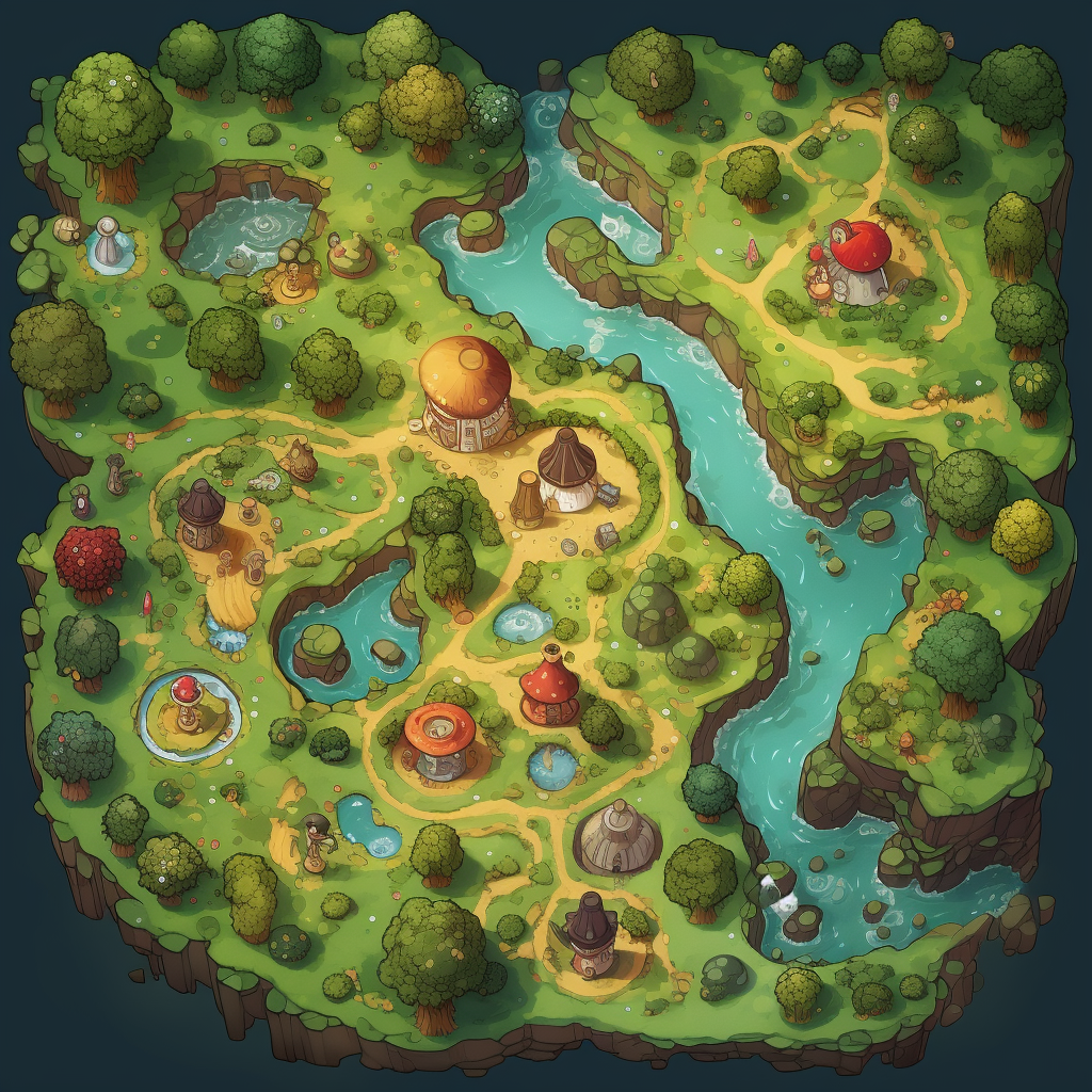 Top-down game map of magical mushroom land