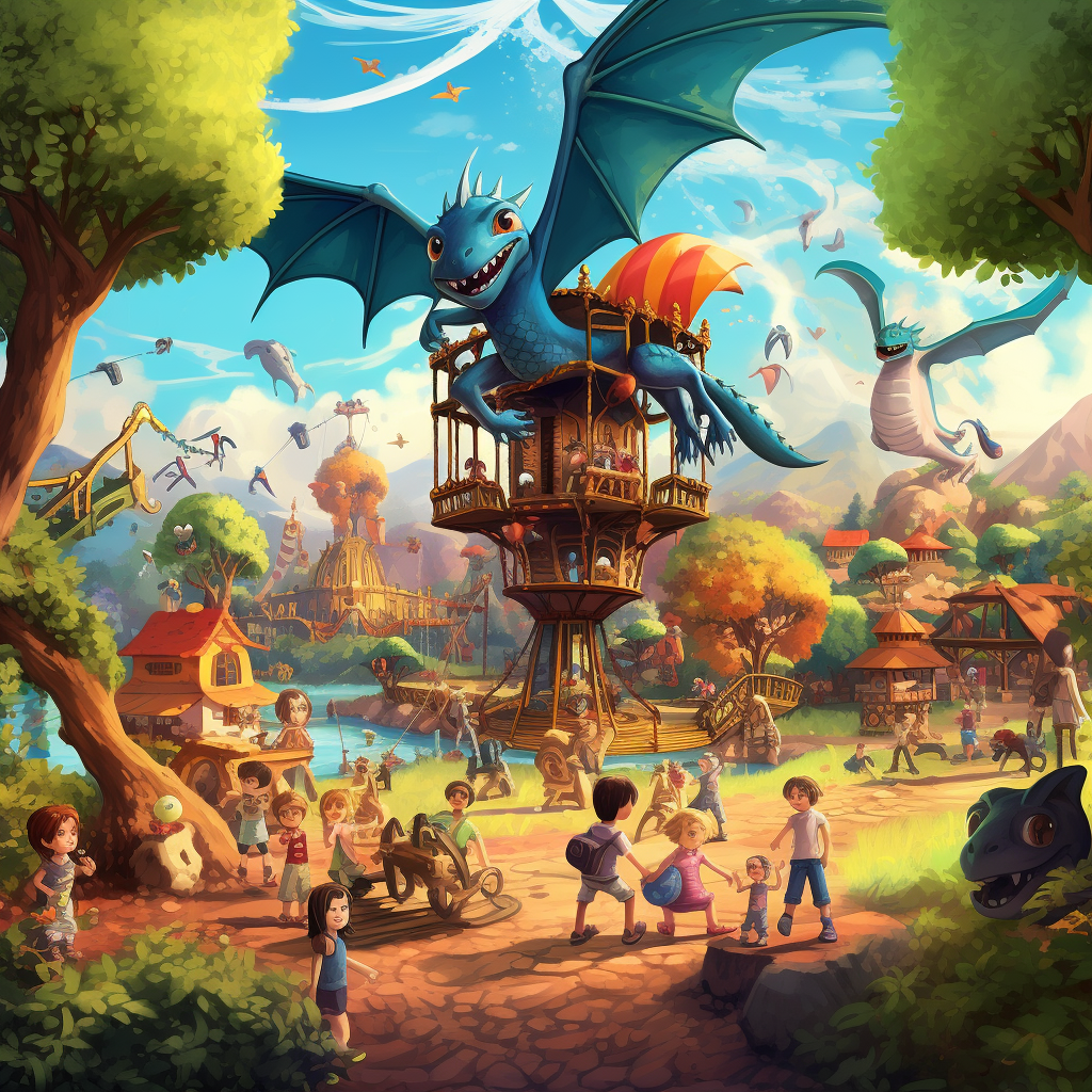 Cartoon magical playground with floating objects