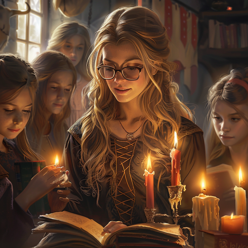 Magical teacher with students and books