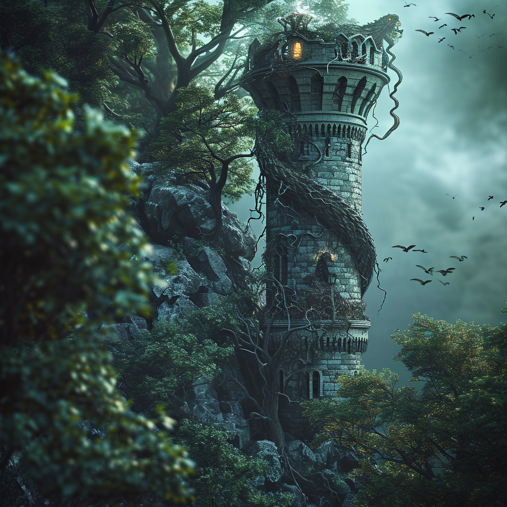 Magical Tower in Deep Forest with Cinematic Dragon