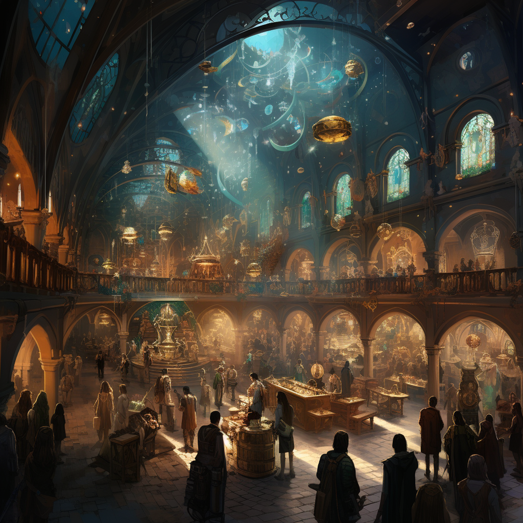 Vibrant scene of a buzzing magical trading hall