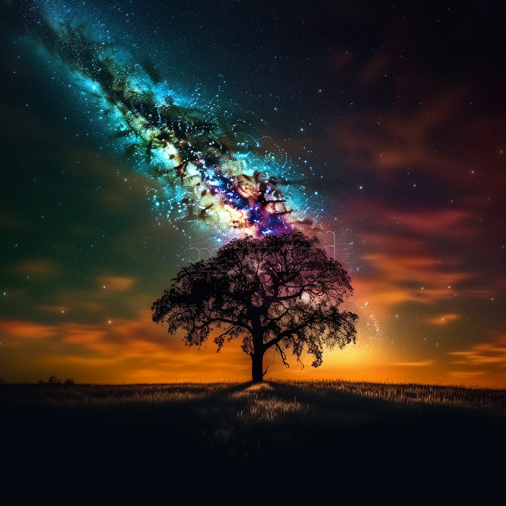 Glowing sunset behind magical tree with stars  ✨?