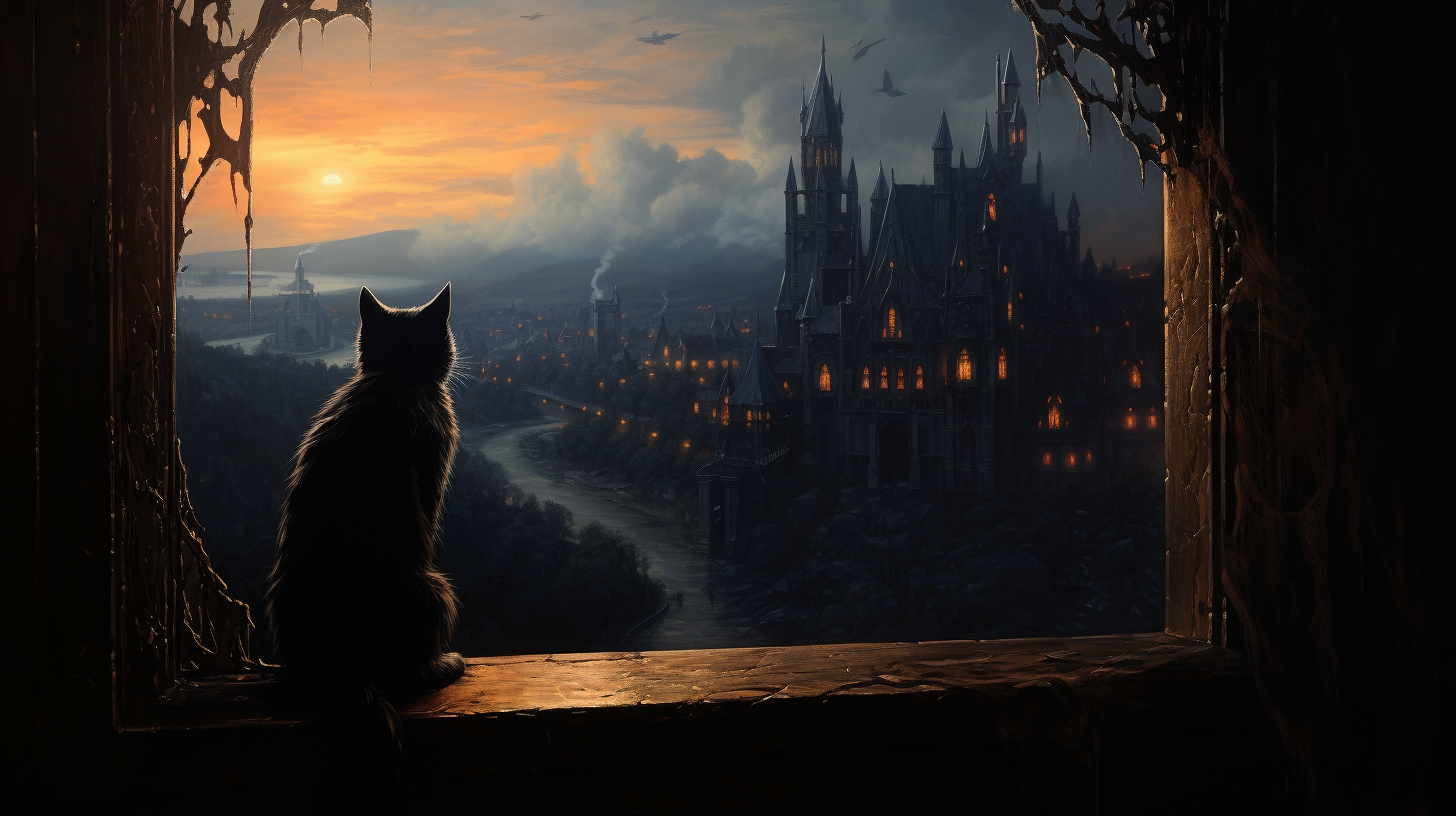 Black cat looking out of window at wizard school castle