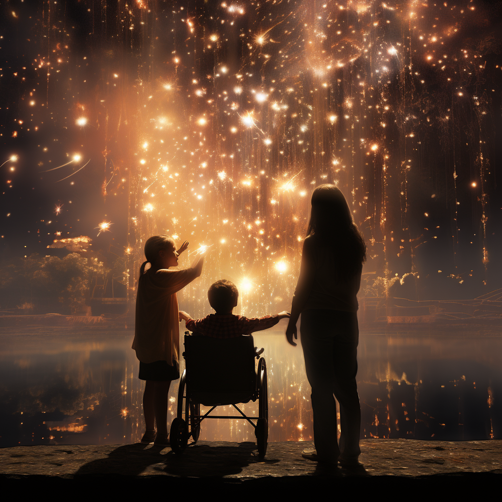 Silhouette of woman with ALS and dancing children