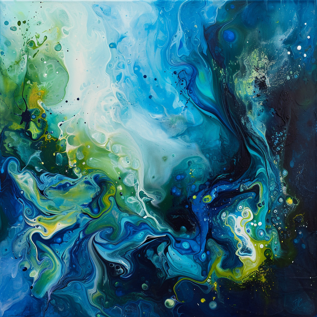 Abstract painting with blue and green swirls