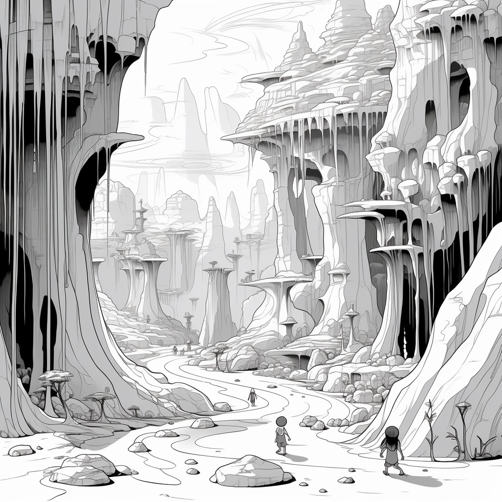 Cartoon style witch exploration in magical canyon