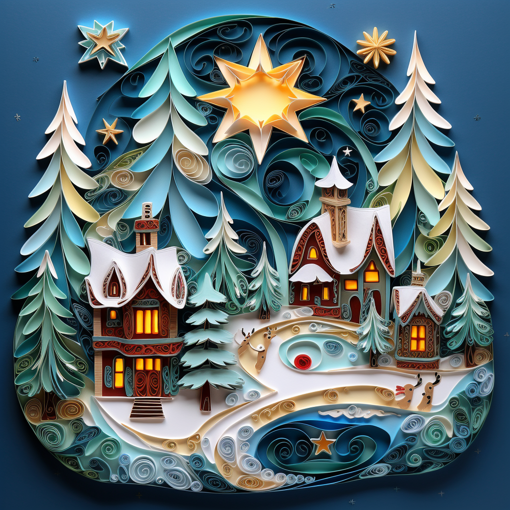 Whimsical Christmas scene in quilling style