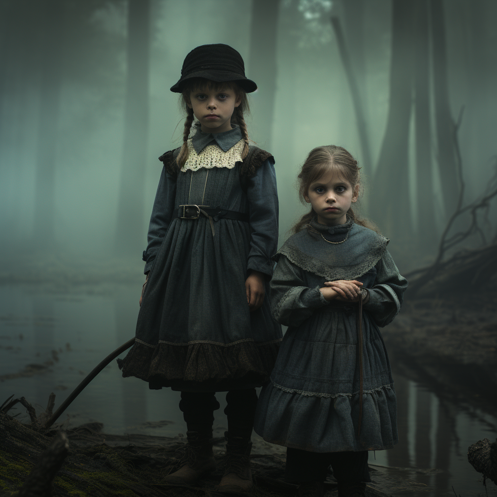 Children in magical forest mist