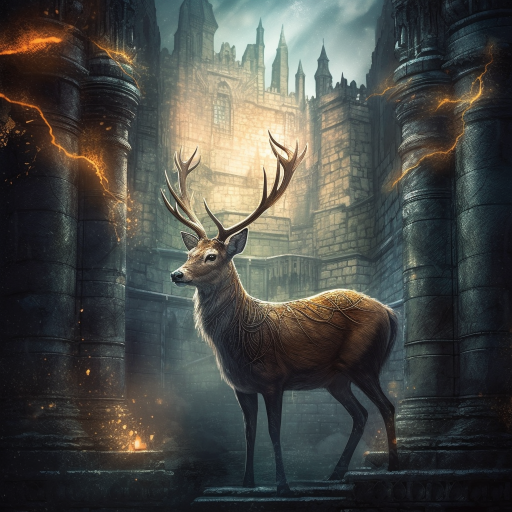 Glowing magical holy deer building fantasy wall