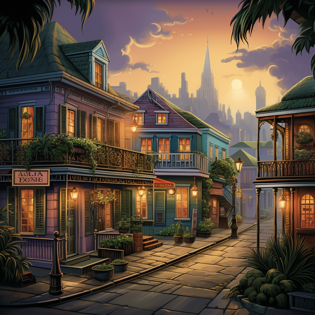 Beautiful magical illustration of New Orleans French Quarters