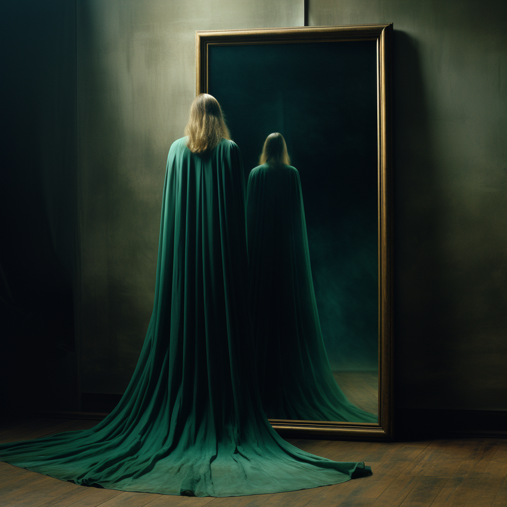 Emerald-eyed illusionist in velvet cape casting illusions