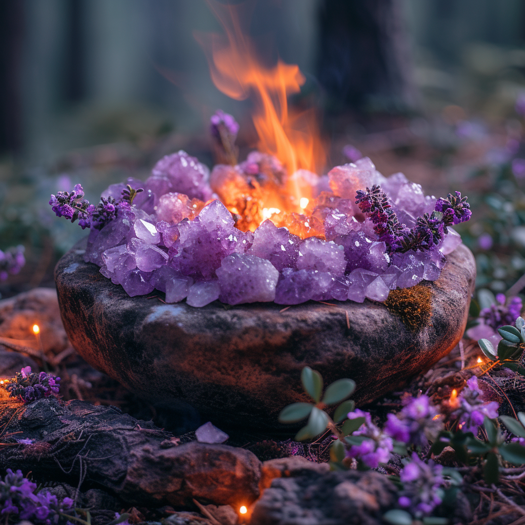 Magical Witch Amethyst Crystals in Woods with Cauldron