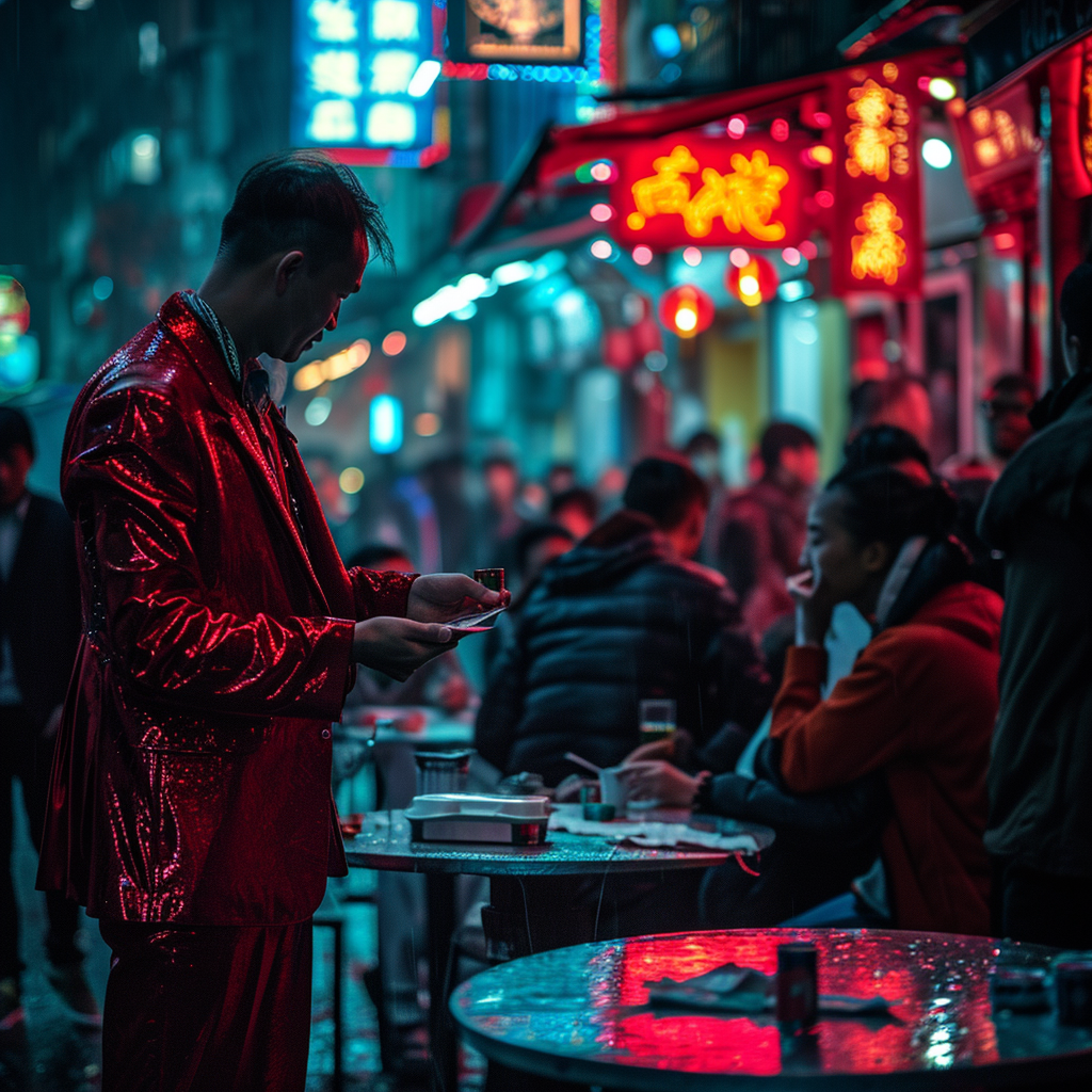 Magician performing street magic in cyberpunk setting