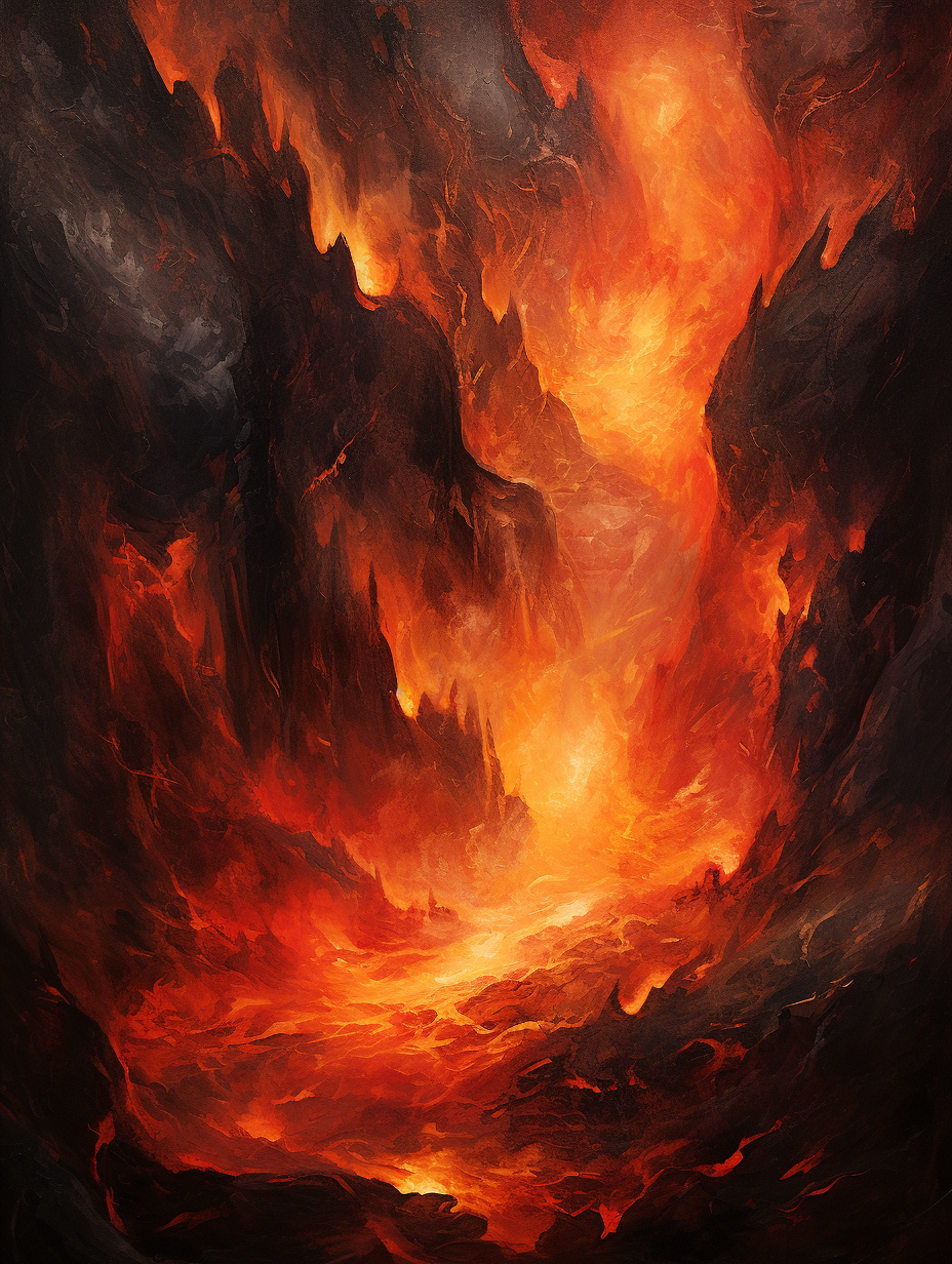 Acrylic painting of magma cavern forge