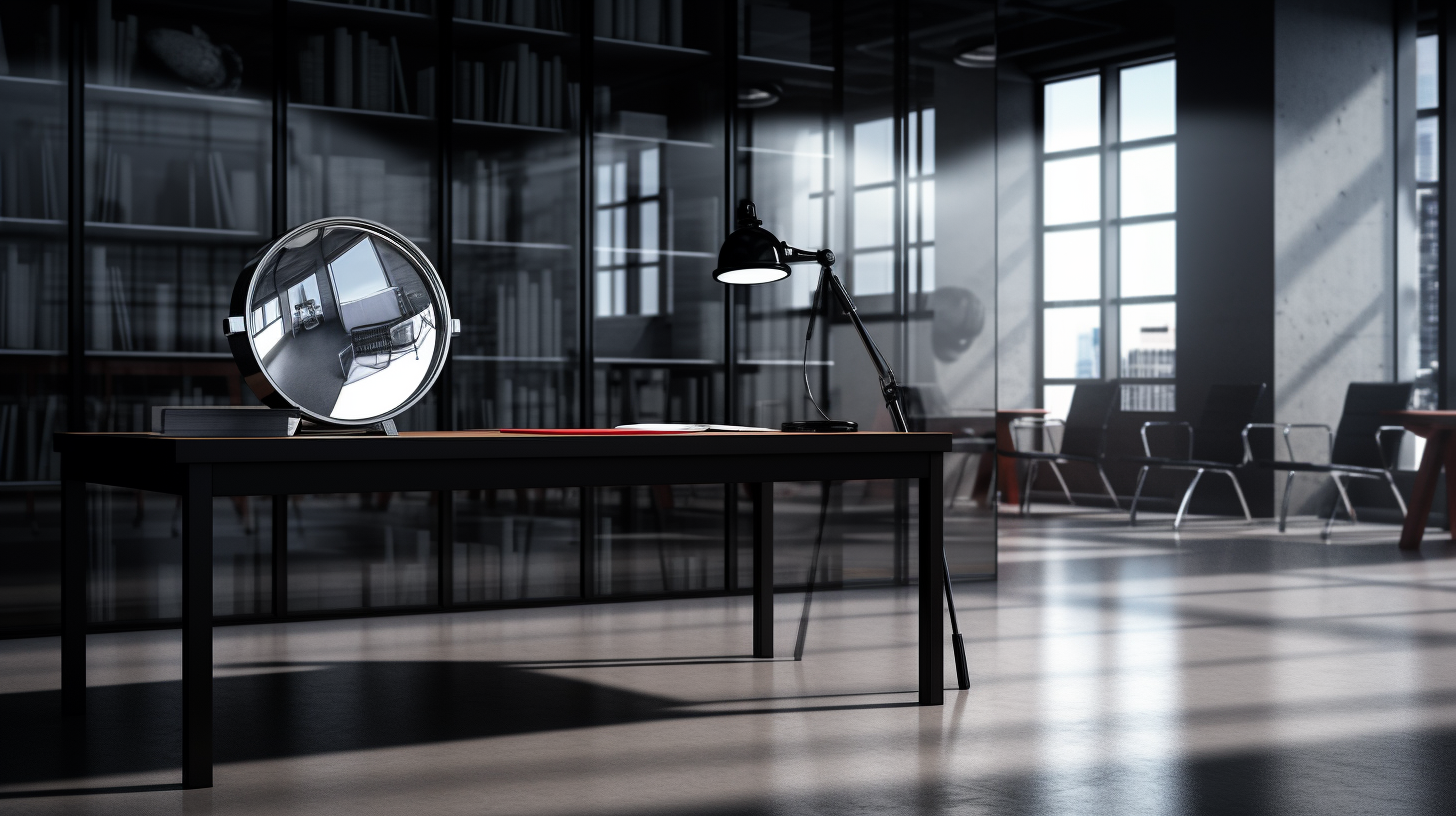 Black modern office with magnifying glass