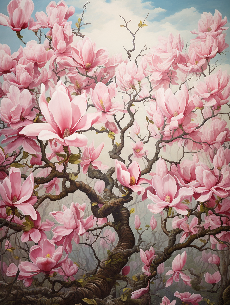 Vibrant magnolia tree oil painting