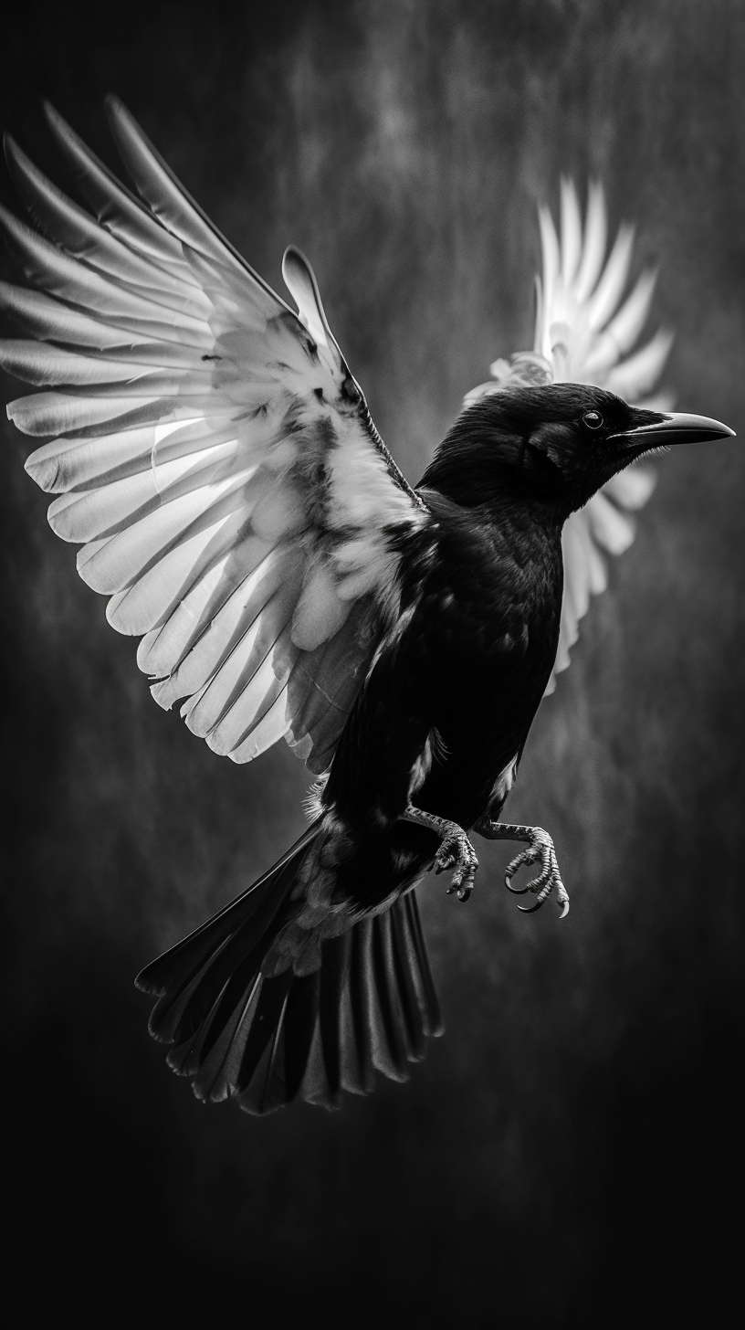 Magpie Flying in Black and White