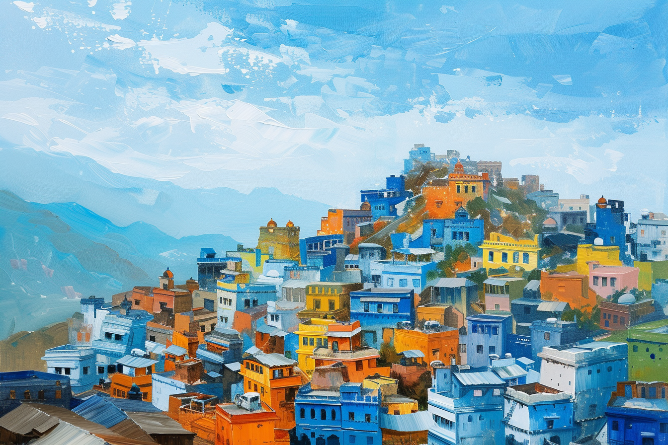 Painting of Mahasthangarh with Blue Sky and Joyful Colors