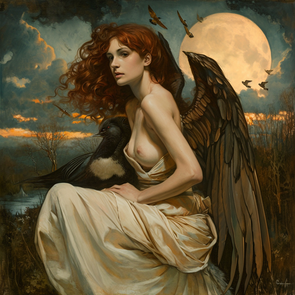 Majestic Mahogany-Haired Female Angel with Loon's Wings